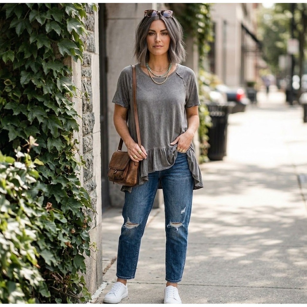 Dantelle T-Shirt Women Medium Grey Excellent Ruffle Peplum Mineral Wash D1610